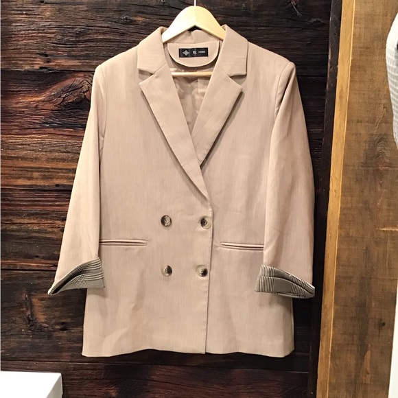 Source Unknown Jackets & Blazers - Double Breasted Blazer Structured Lined Jacket w/ Burberry Plaid Cuffs SZ XL